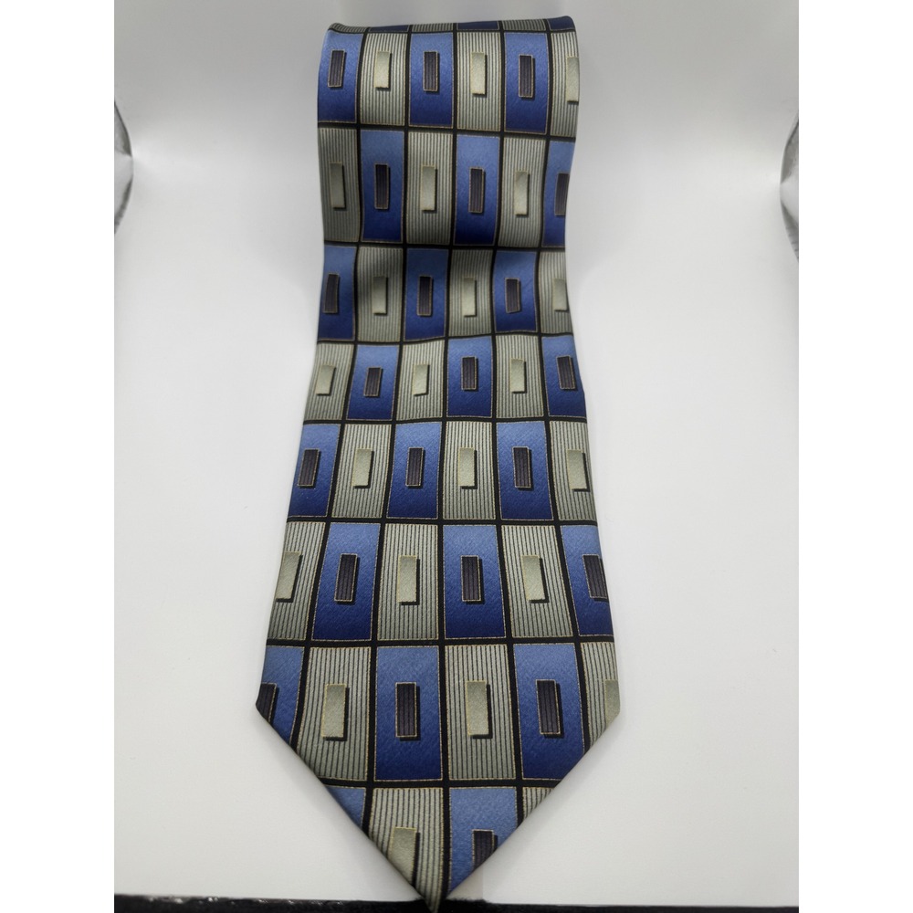 Giorgio Brutini Collezione Mens Silk Necktie Blue Silver Geometric Block Pattern